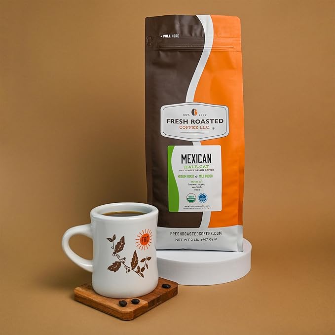 Fresh Roasted Coffee Organic Mexican Water-Processed Half-caf | USDA Kosher | Medium Roast 2 lb (32 oz) Whole Bean