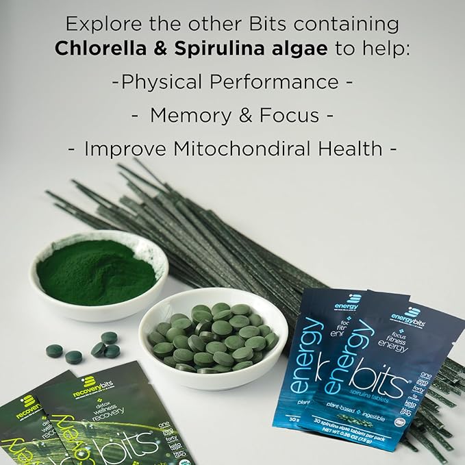 ENERGYbits/RECOVERYbits - Organic Spirulina &amp Chlorella Tablets - Single Serving Sample Packs - Algae Superfood - High Protein Chlorophyll - Self Care - Vegan Keto Gluten Free - 4 Bags 30/Bag