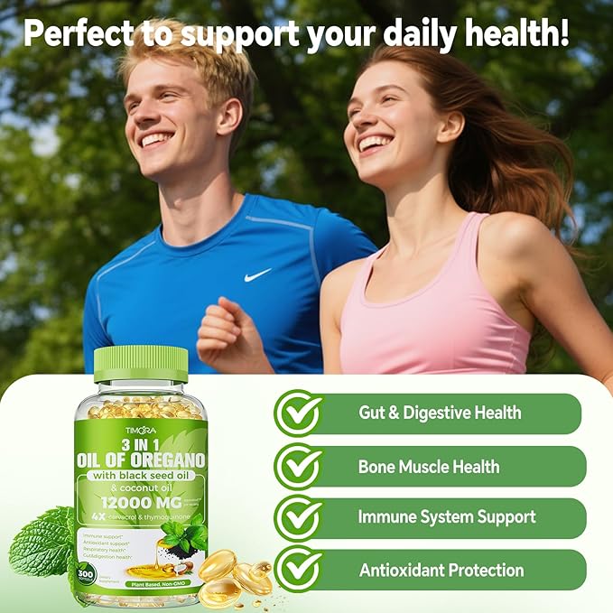 TIMORA 40:1 Oil of Oregano Softgels with Black Seed &amp Coconut Oil 300 Count | 3-in-1 Formula for Digestive &amp Immune Support | Small Easy-to-Swallow Capsules | Plant-Based Non-GMO