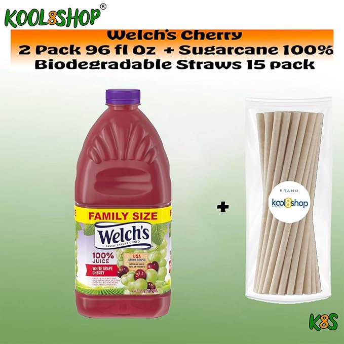 Welch's Juice Drink 96 fl oz Plastic Bottle 2 Pack + 15 Sugarcane Disposable Straws by Kool8shop Infinite Deals (2 Pack Strawberry Kiwi)