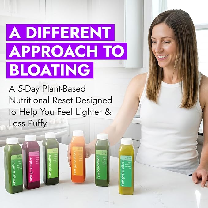 Raw Generation 5-Day Debloat Reset Cleanse – Plant-Based Nutritional Reset for Bloating &amp Digestive Comfort | Cold-Pressed Raw Juice Program to Help You Feel Lighter &amp Less Puffy