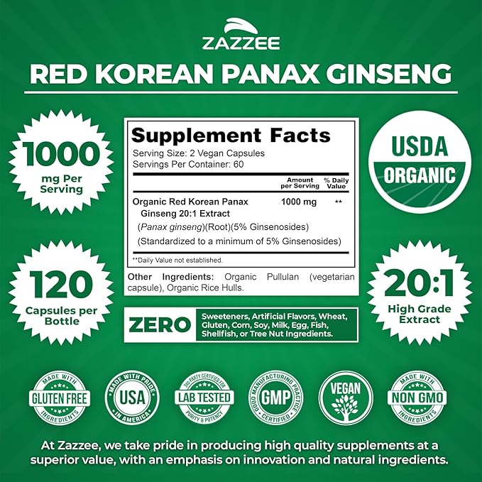Zazzee USDA Organic Red Korean Panax Ginseng 20:1 Extract 1000 mg 5% Ginsenosides 120 Vegan Capsules Standardized and Concentrated 20X Root Extract 100% Vegetarian All-Natural Made in the USA