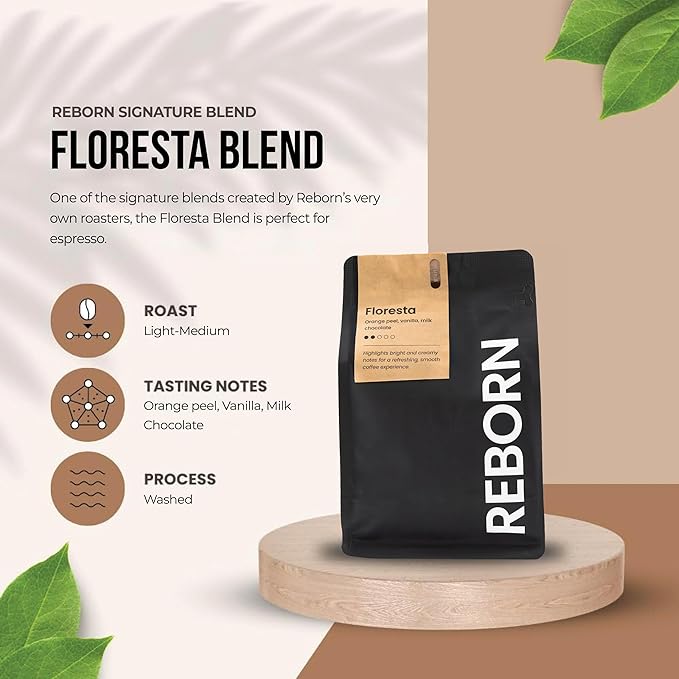 Reborn Coffee Specialty Whole Bean Coffee Medium Roast 12 Ounce Reborn Signature Floresta Espresso Blend Flavor Notes of Chocolate Vanilla and Orange
