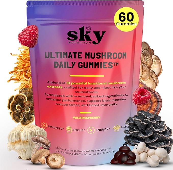 Mushroom Gummies - 10-in-1 Advanced Complex w/Lions Mane Reishi Cordyceps Turkey Tail - Focus &amp Brain Support - Raspberry Flavored 60 Vegan Lions Mane Mushroom Gummies for Adults