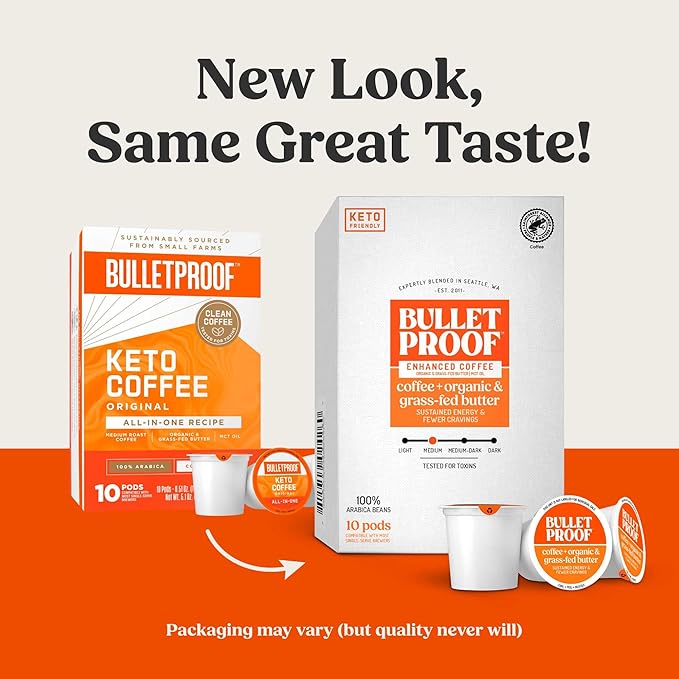 Bulletproof Coffee + Organic Grass-Fed Butter Single-Serve Pods 10 Count Keto Coffee All-in-one Recipe with MCT Oil and Butter Packaging May Vary (Pack of 2)