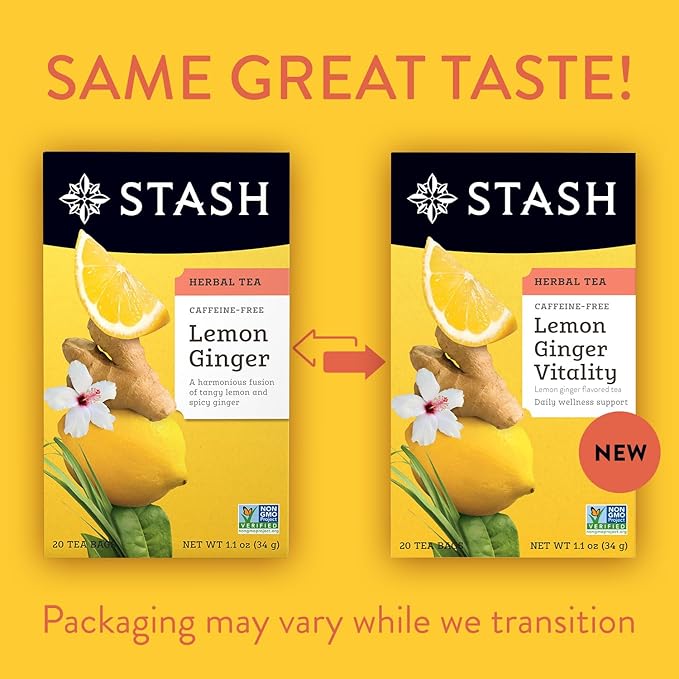 Stash Tea Lemon Ginger Vitality Herbal Tea - Naturally Caffeine Free Non-GMO Project Verified Premium Tea with No Artificial Ingredients 20 Count (Pack of 6) - 120 Bags Total