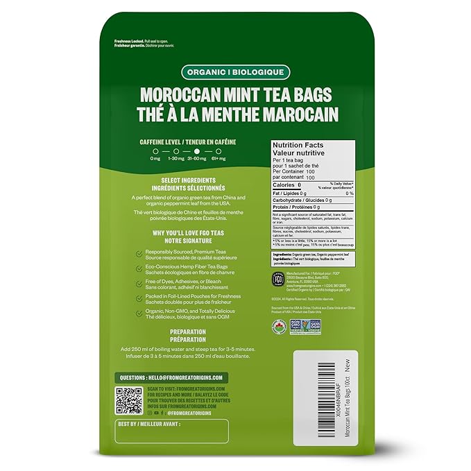 FGO Organic Moroccan Mint Green Tea 100 Count Eco-Conscious Tea Bags Resealable Bag Packaging May Vary (Pack of 1)