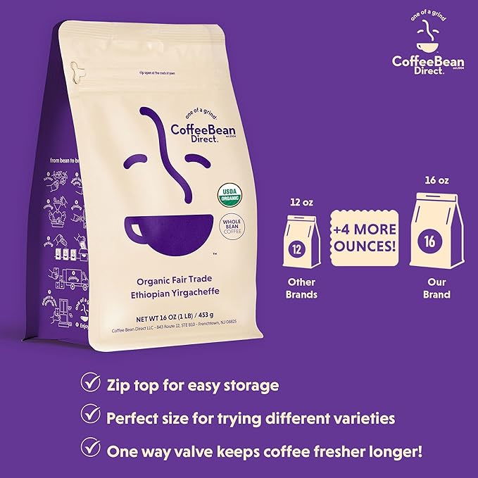 Coffee Bean Direct Organic Fair Trade Ethiopian Yirgacheffe Whole Bean Coffee Light Roast 1 Pound Bag (Pack of 1)