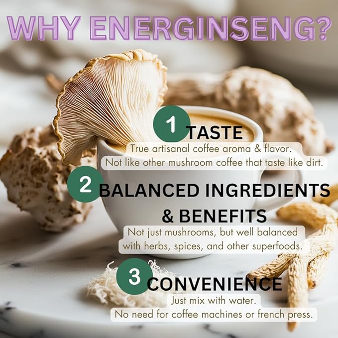 Energinseng Mushroom Coffee Instant Latte – Lion’s Mane Reishi Ginseng Adaptogen Coffee – Instant Coffee Alternative for Energy &amp Focus – Arabica &amp Robusta Blend – 14.11oz