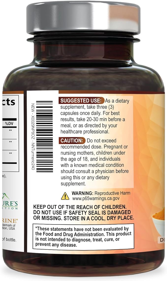 Turmeric Curcumin Supplement 95% Curcuminoids - 1800mg Organic Turmeric Per Serving - BioPerine Black Pepper Extract for Best Absorption Natural Joint Support Non-GMO Bottled in USA - 240 Capsules