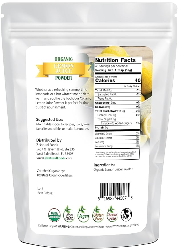 Z Natural Foods Organic Lemon Juice Powder Enriched with Vitamin C Ideal for Lemonade Juice Shakes and Recipes Gluten Free Non-GMO 1 lb