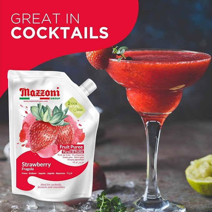 Mazzoni - Strawberry Puree 100% Pure Strawberries Just Fruit No Sugar Added Real Fruit Mixer for Cocktails Drinks Smoothies - 35.2 Fl Oz (2.2 lb) Convenient Pouch Made in Italy