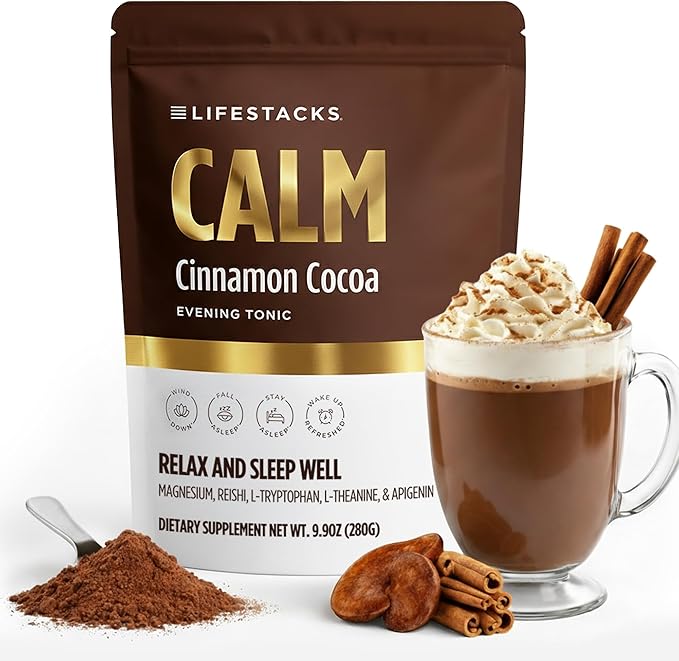 Calm Nighttime Magnesium Hot Cocoa – Melatonin-Free Natural Sleep Support Drink Mix with Reishi Mushroom Chamomile L-Theanine &amp L-Tryptophan – Calm Cinnamon Cocoa 20 Servings