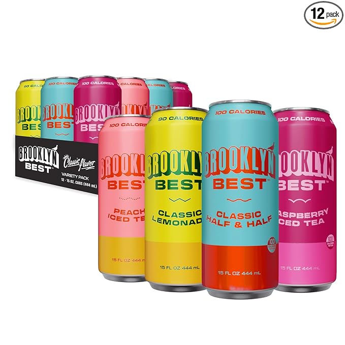 Brooklyn Best Variety Pack 3 Iced Tea Flavors and 1 Lemonade Not too Sweet Better for You Drink - 15 Fl Oz (Pack of 12)