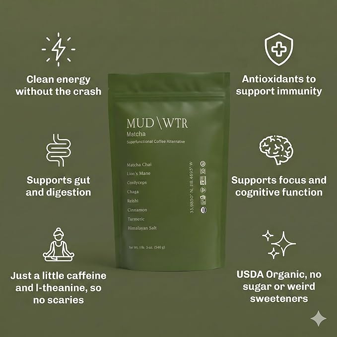 MUDWTR Mushroom Matcha Powder | 3000mg of Adaptogenic Mushrooms | Japanese Matcha Powder Blend | USDA Organic | Energy Focus &amp Immunity Support | Lion's Mane Chaga Reishi Cordyceps | 90 Servi