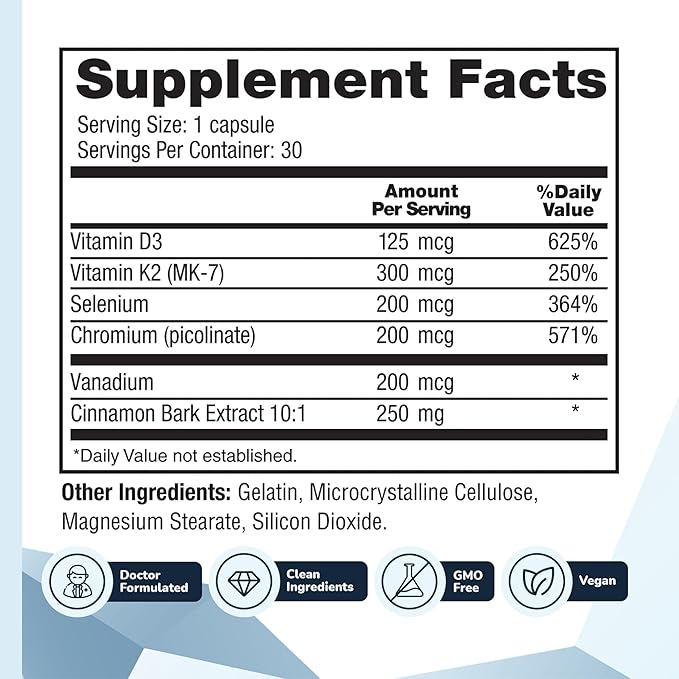 CinnaChroma Capsules - Cinnamon Supplements with 10:1 Extract Chromium Vanadium Selenium Vitamin D3 &amp K2 - Natural Sugar Blocker - 30 Capsules 1 Month Supply