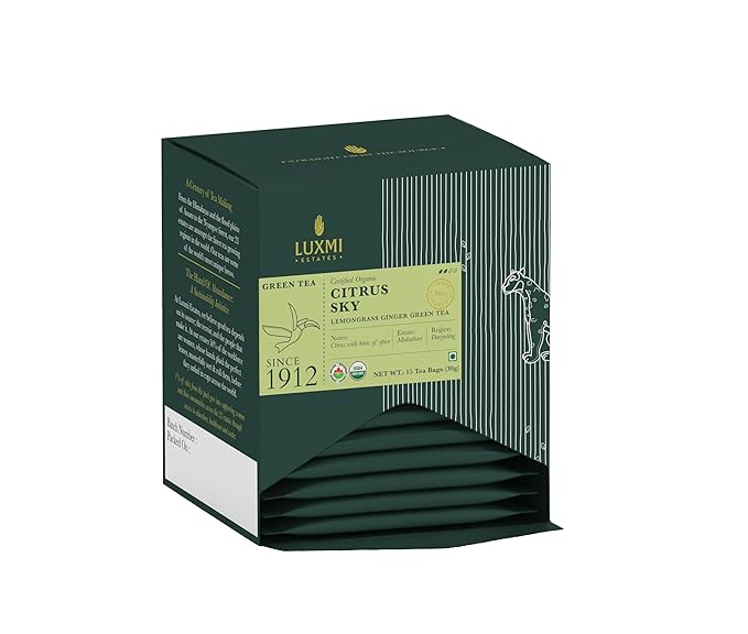 Luxmi Estates Citrus Sky Organic Lemongrass Ginger Green Tea (90 Tea Bags) Mildly Caffeinated Tea Bags For Detox Cleansing and Digestion With Certified Organic Darjeeling Makaibari Green Tea