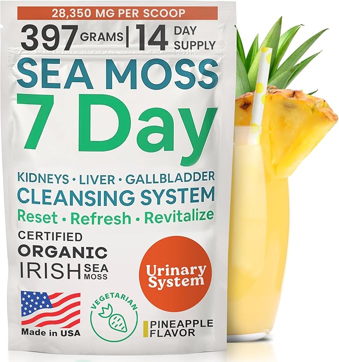 Atlantic Naturals Sea Moss 7 Day Detox Liver Gallbladder &amp Kidney Cleanse - Support with Dandelion Root Milk Thistle Burdock Root Red Clover Chanca Piedra - Pineapple Flavor Drink Mix (14 oz)
