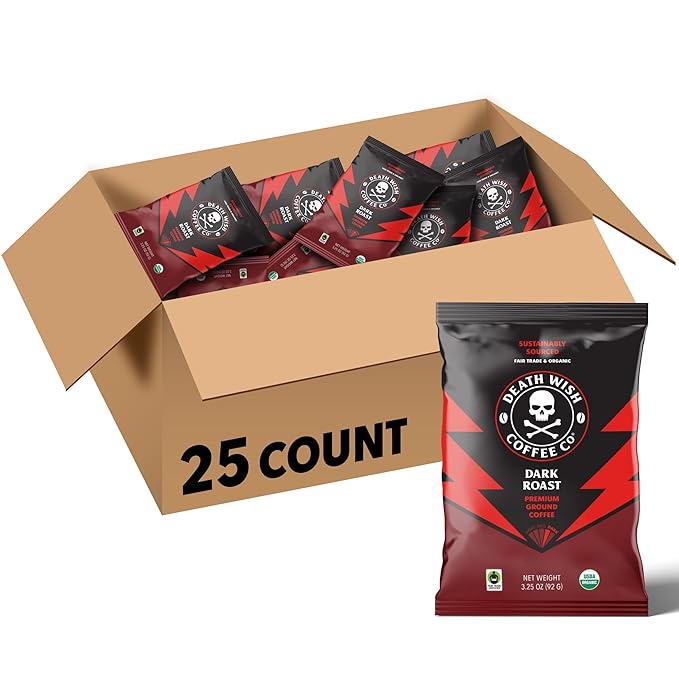Death Wish Coffee Ground Frac Pack Each Pack Brews One Pot Filter Included Dark Roast (25 Count)