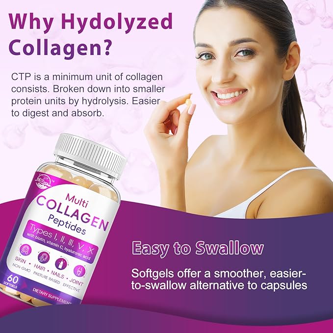 Multi Collagen Peptides Softgel - Type I II III V X - Hydrolyzed Collagen Peptides with Biotin Vitamin C Hyaluronic Acid Supports Skin Hair Nail Grass-Fed Non-GMO 60 Softgel 3 Pack
