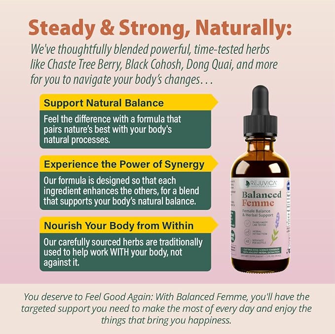 Rejuvica Health Balanced Femme - Advanced Female Balance Support Supplement - Liquid Delivery for Better Absorption - Vitex Dong Quai Black Cohosh Maca Wild Yam &amp More!