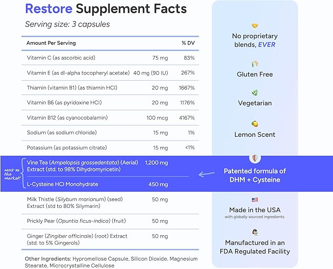 Cheers Restore | Supplement with DHM + L-Cysteine | Feel Better After Drinking &amp Support Your Liver | 36 Doses | Dihydromyricetin Cysteine Milk Thistle Prickly Pear B-Vitamins Ginger