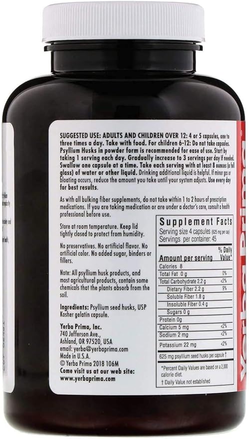 Yerba Prima Psyllium Husks Caps - 180 caps (Pack of 4) - Natural Fiber Supplement - Non-GMO Gluten Free