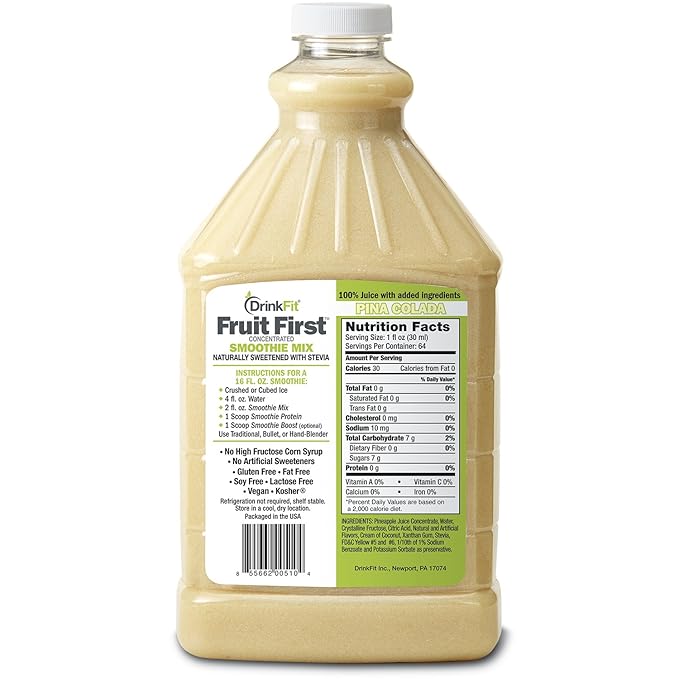 DrinkFit Fruit Smoothie | Real Fruit Puree Low Sugar Gluten:Free &amp Non:GMO Pina Colada Smoothie Mix : Makes 32 Smoothies 64 Fl Oz (Pina Colada)