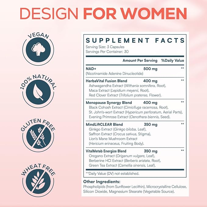 IcarusIvy 2000MG NAD Supplements for Women NMN Alternative Female Liposomal NAD+ with Ashwagandha Berberine HCL Ginkgo Biloba &amp Black Cohosh Women Focused Formula 180 Capsules