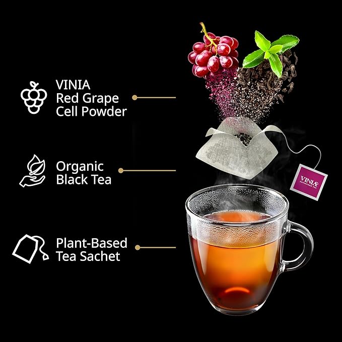 VINIA English Breakfast Black Tea Bags Made with Organic Tea Infused with Piceid Resveratrol for Heart Health Nitric Oxide Physical Energy Alertness Blood Flow Keto Kosher NON-GMO. 30 Ct