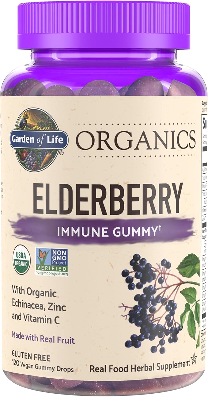 Garden of Life Organics Elderberry Gummies for Adults &amp Kids - Immune Support Supplement with Organic Fruit Herbal Blend Elderberry Echinacea Zinc Vitamin C 120 Vegan Gluten Free Gummies