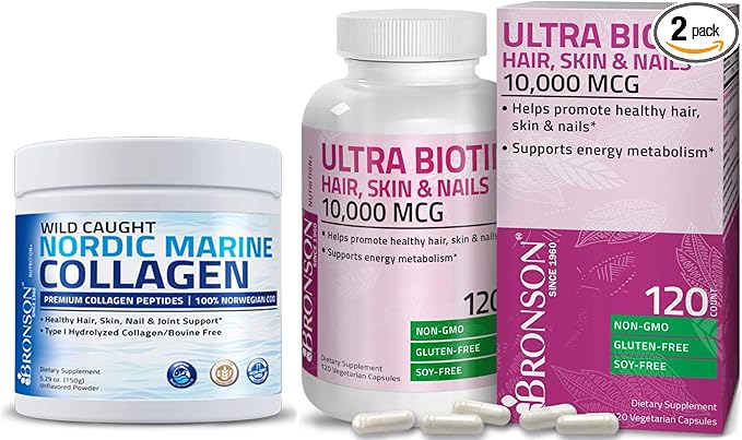 Bronson Marine Collagen Peptides Hydrolyzed Protein Powder + Ultra Biotin 10000 Mcg Hair Skin and Nails Supplement