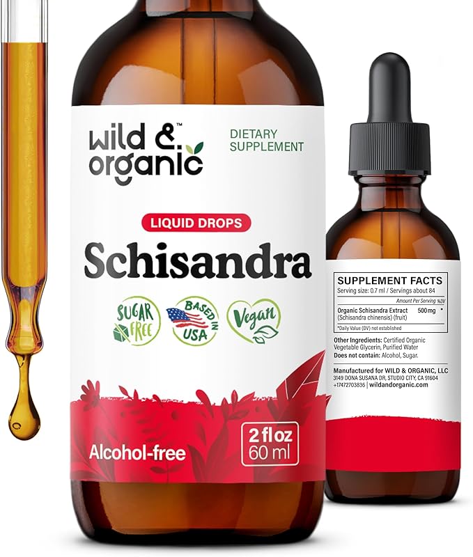 Wild &amp Organic Schisandra Berry Extract Drops 500 mg - Relaxing Schisandra Supplement - Liquid Chinensis Tincture - Vegan Sugar &amp Alcohol-Free - 2 fl oz