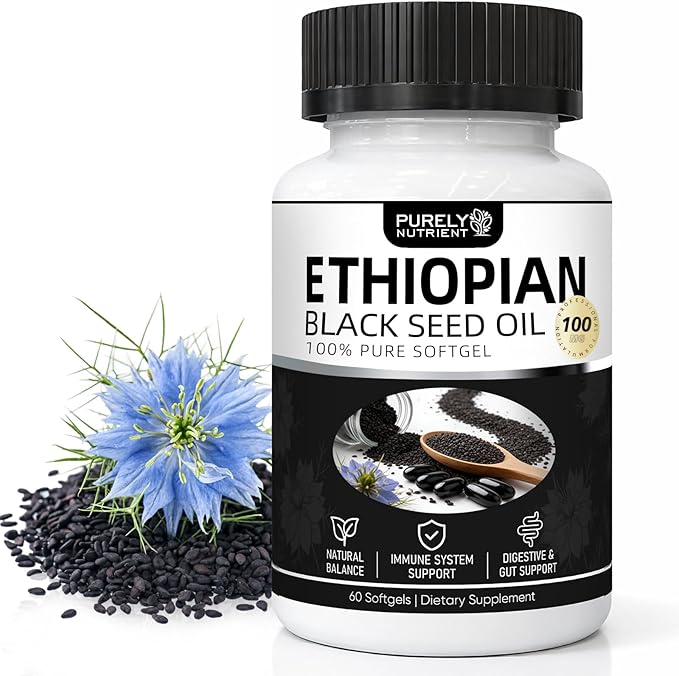 Purely Nutrient Ethiopian Black Seed Oil Ethiopian Black Seed Oil Softgels |4.64% Thymoquinone | Non-GMO Gluten-Free60 Capsules-1PCS