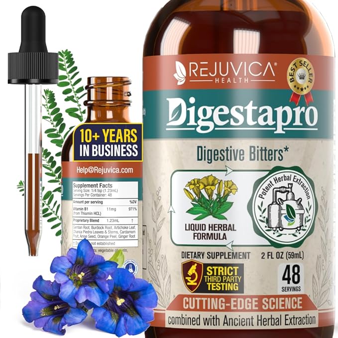 Rejuvica Health DigestaPro - Advanced Digestive Bitters Supplement - Liquid Delivery for Better Absorption - Gentian Artichoke Burdock Chanca Piedra Ginger &amp More!