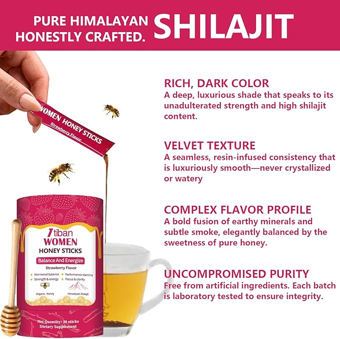 Shilajit Honey Sticks – 75%+ Fulvic Acid 85+ Trace Minerals | Natural Energy &amp Immunity Booster | Easy Single-Strawberry Use 30 Packets (Strawberry)