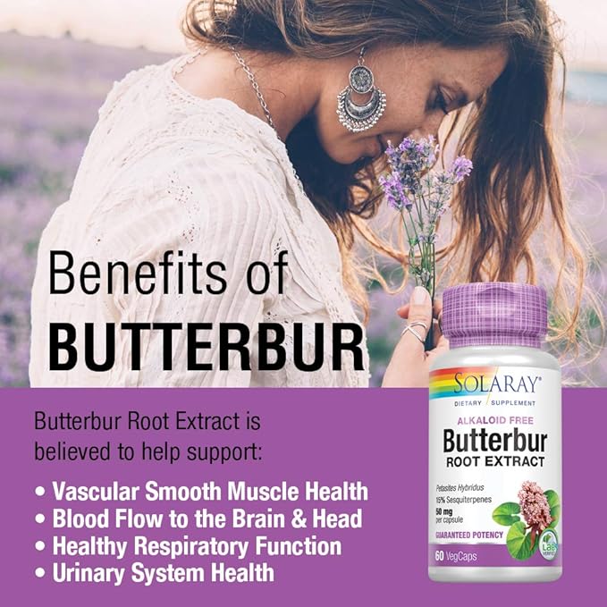 SOLARAY Butterbur Root Extract 50 mg Supplement for Men &amp Women - Powerful Herbal Support Vegan Butterbur Capsules - 60 Veg Caps