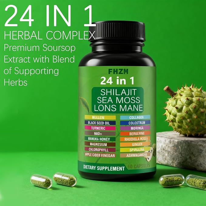 Soursop Capsules with 24-in-1 Herbal Blend - Includes Graviola Shilajit Sea Moss Lions Mane Turmeric Ashwagandha Ginger Manuka Honey - Vegan Non-GMO Dietary Supplement - 60 Capsules (01)