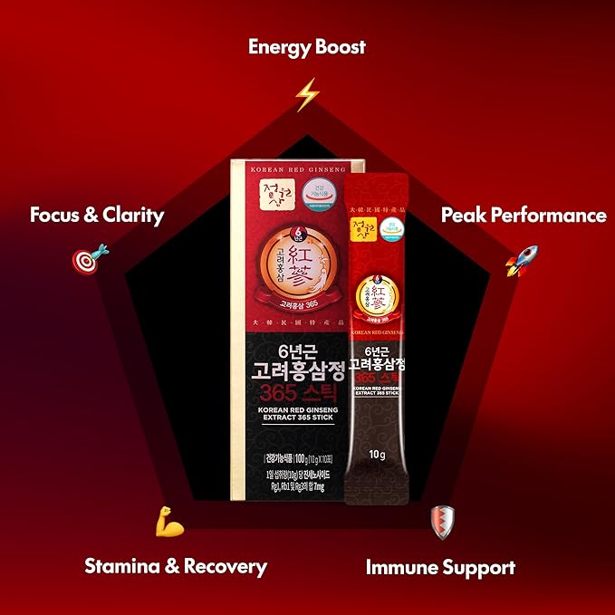 6-Year Korean Red Ginseng 365 | 100 Sticks | Vegan | 7mg Ginsenosides Per Stick | 100-Day Supply