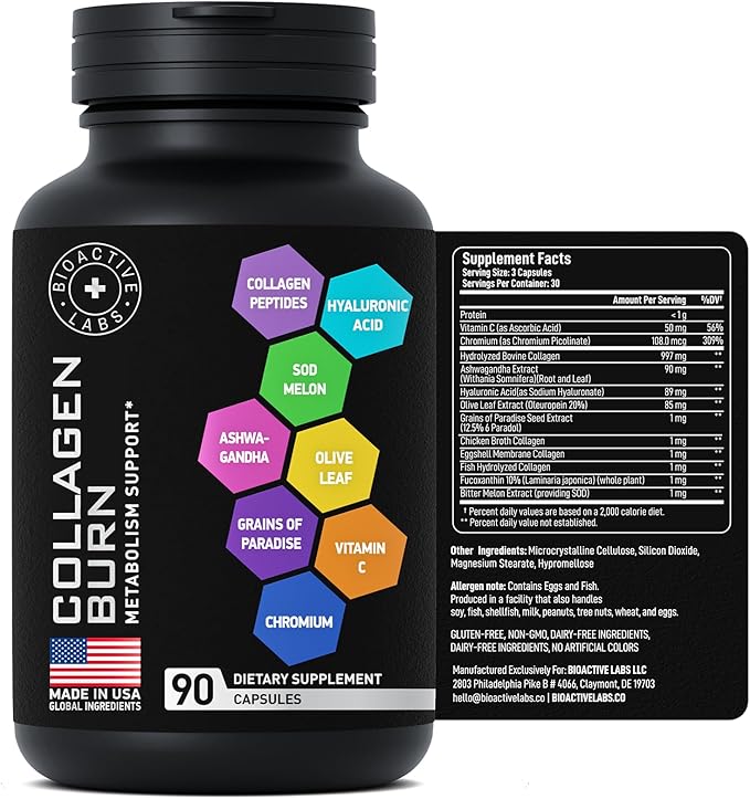 Thermogenic Multi Collagen Burn Capsules - Advanced Type I II III V X Hydrolyzed Collagen Peptides Plus Hyaluronic Acid - Metabolism Cellulite Skin Hair Nails Support - 90 Collagenic Burn Caps