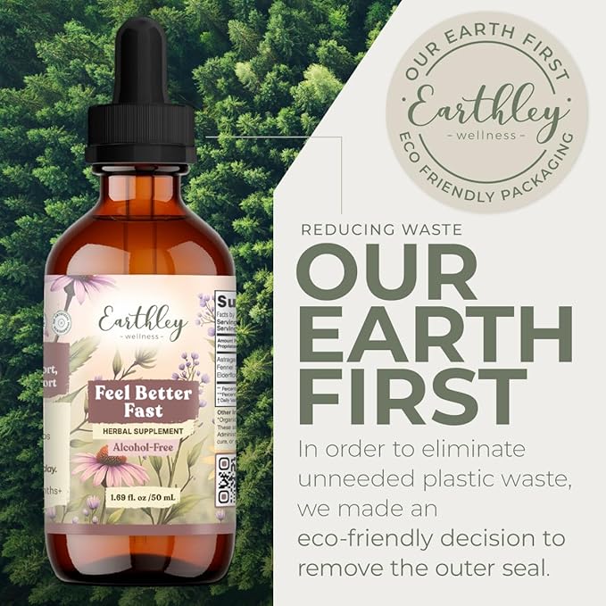 Earthley Wellness Feel Better Fast All-Natural Relief for Minor Ailments Organic Herbal Formula Supports Immune &amp Digestive Health Echinacea Root and More 6 Month Supply (1.69oz Glass 500 do