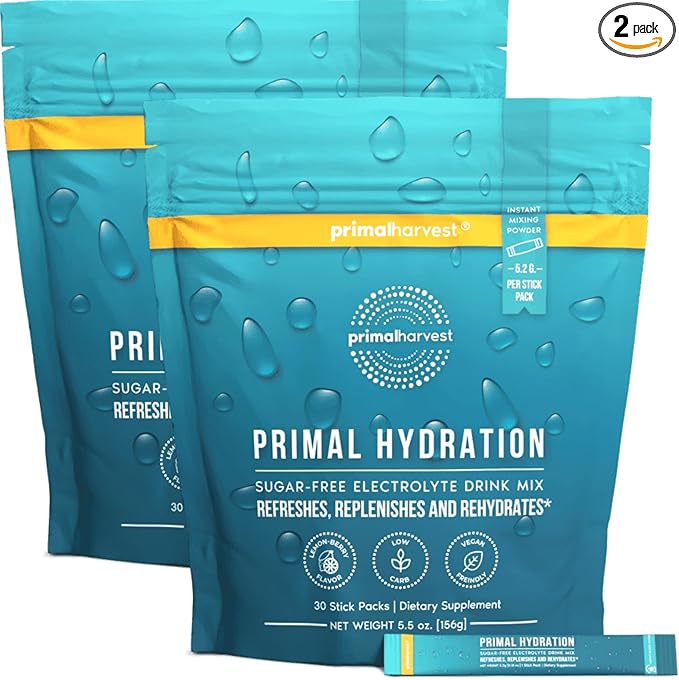 Primal Harvest Electrolytes Powder Packets Primal Hydration Easy Open Packets Energy Drink Mix 2 Pack Bundle (Lemon Berry 60 Packs)