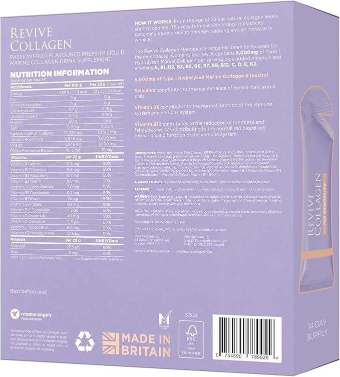 Revive Collagen Perimenopause — Hydrolyzed Marine Collagen Drink for Women 5000MG Inositol Selenium Vitamin B6-B12 C &amp D Supports Skin Health Reduces Fatigue Passionfruit Flavour — 14 Sac