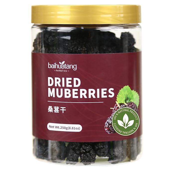 Baihuatang Natural Dried Black Mulberries Premium Dried Black Mulberries Dried Mulberries Black Mulberry Tea Herbal Tea No Sugar Added &amp No Additives Dried Fruit Snack 黑桑椹干 桑葚 250g/8.8oz