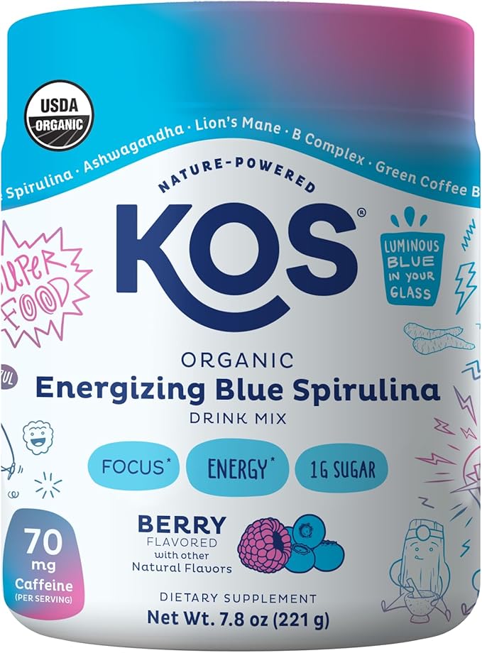 KOS Energizing Blue Spirulina Blend - USDA Certified Organic - B Vitamins Ashwagandha Ginseng Adaptogens Biotin - Vegan Pre Workout Powder - Caffeinated Berry Flavored 28 Servings