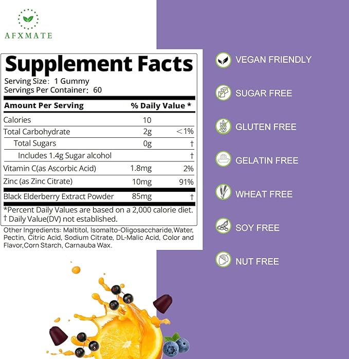 AFXMATE Sambucus Elderberry Gummies Black Elderberry Gummy with Zinc and Vitamin C for Adults Sugar Free Kids Multivitamin Gummies Immune Support* Supplement (2 Pack)
