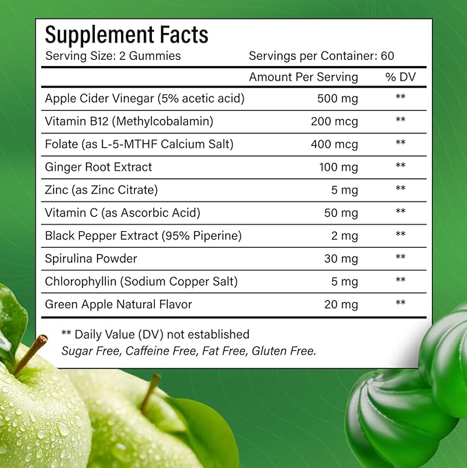 120 Premium Apple Cider Vinegar (ACV) Gummies Formulated with Vitamin B12 Zinc Ginger &amp Vitamin C120 | Vegan - Gluten Free - Non GMO