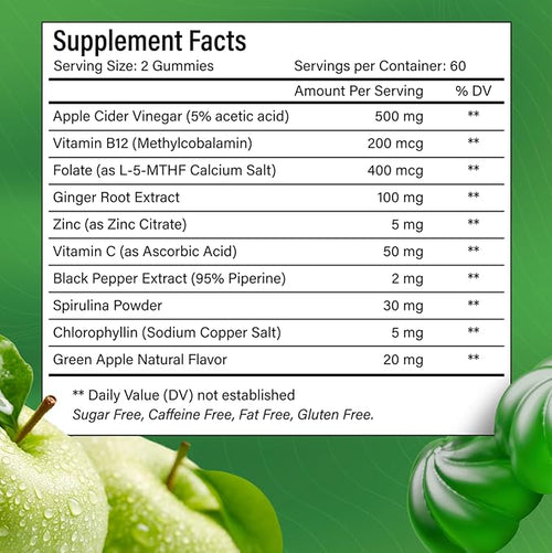 120 Premium Apple Cider Vinegar (ACV) Gummies Formulated with Vitamin B12 Zinc Ginger &amp Vitamin C120 | Vegan - Gluten Free - Non GMO