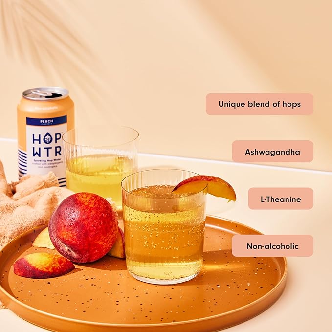HOP WTR Sparkling Hop Water Peach 12 Pack Sugar Free Low Carb Non Alcoholic Drinks NA Beer Adaptogen Drink No Calories Adaptogens &amp Nootropics for Added Benefits 12 oz Cans
