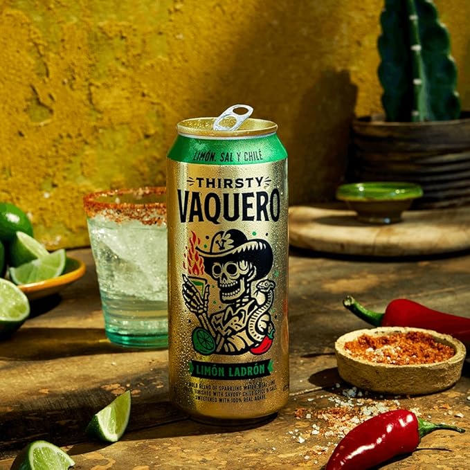 Thirsty Vaquero Lime Salt &amp Chile Flavored soda (Limon Ladron) Mexican-inspired soda Real Fruit Juice &amp Savory Spices Made with Organic Agave Low Calorie Natural Juice 16 oz Cans 12-P